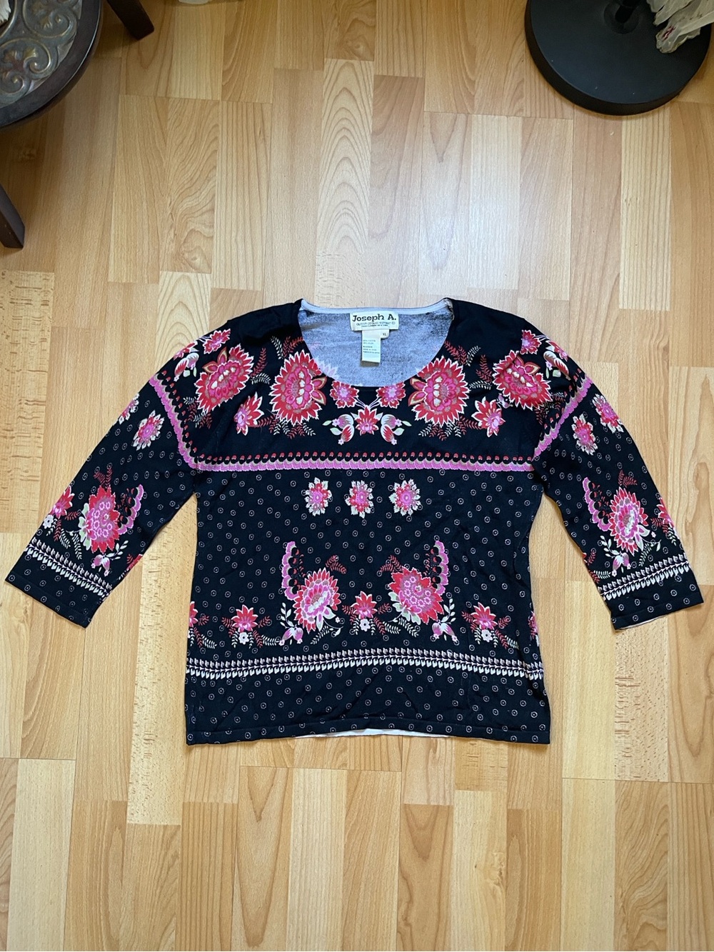 Vintage Joseph A. Black Floral Whimsigoth Y2K 3/4 Sleeve Knit Top Size XL